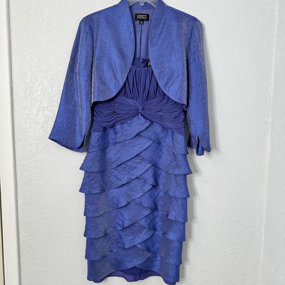Adrianna‎ Papell Occasions Womens Blue Tiered Ruffle Shimmer Bolero Set Size 8